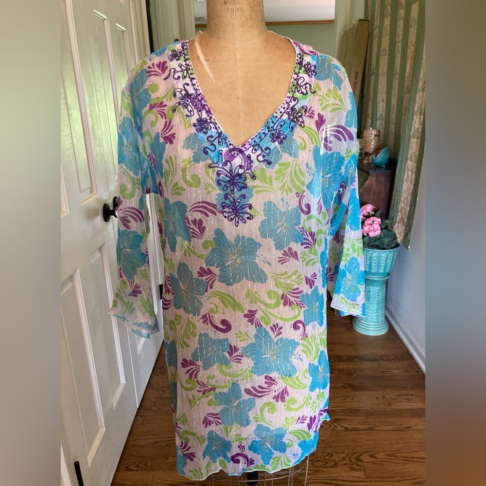 NWT Sheer Bathing Suit Coverup Beach Pool Coverup L/XL GORGEOUS 100% rayon